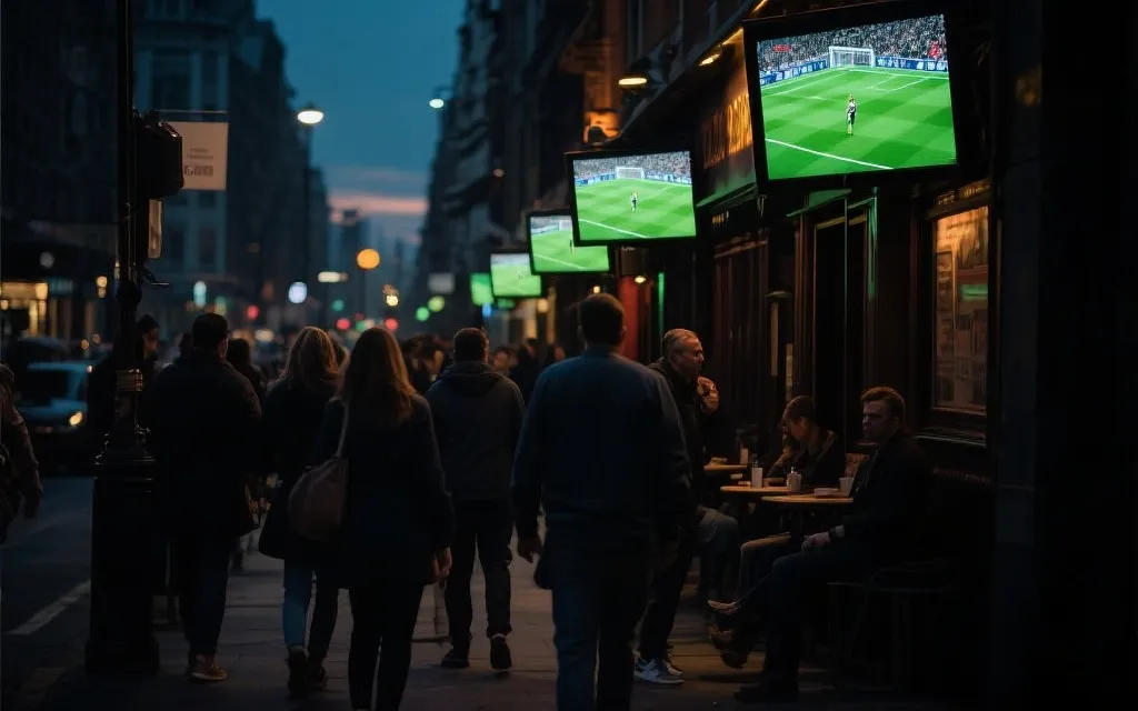 下班通勤的人群在地铁站抬头看大屏幕比分的城市夜景氛围