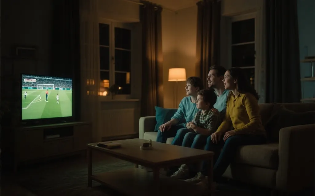 夜晚客厅观看足球决赛的家庭场景，体现黄金时段与收视逻辑